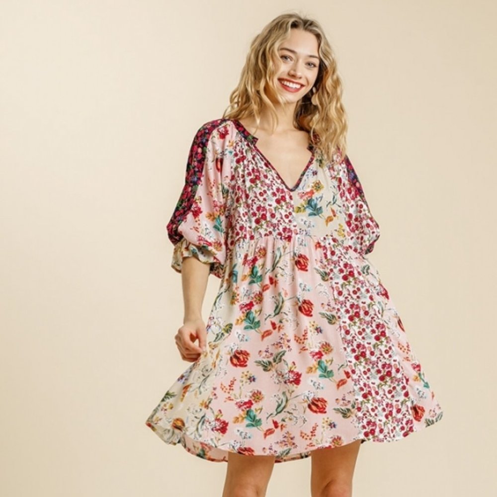 Umgee Blush Floral Mix Babydoll Dress